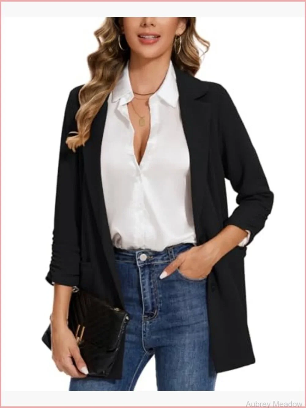 Women's Casual Long Blazer 3/4 Ruched Sleeve Lapel Button Front Work Blazer